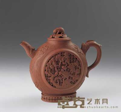 清中期 朱泥镂雕花鸟纹壶 高16cm
